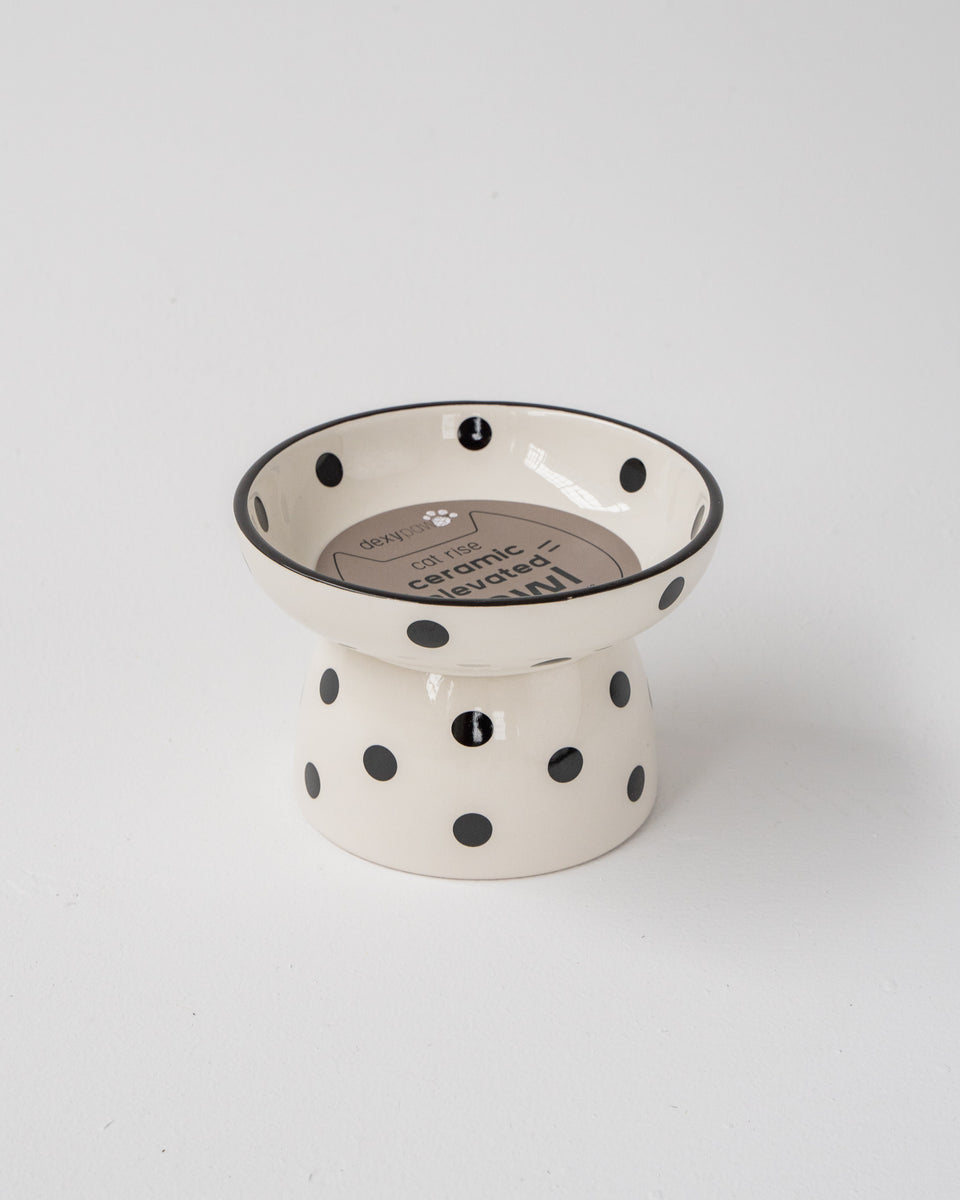 Dexypaws Raised Ceramic Cat Bowl White and Black Dots