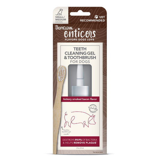 Tropiclean Enticers Teeth Cleaning Gel & Toothbrush Hickory Smoked Bacon S/M Dogs